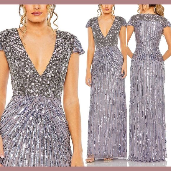 NWT Mac Duggal [ 18 ] 93914 V Neck Cap Sleeve Hand Embellished Gown Heathe S1306 - Picture 1 of 15